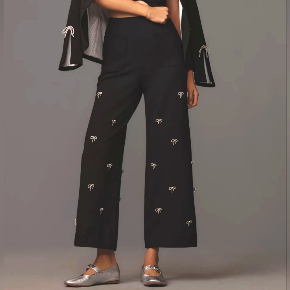 Maeve Black Cropped Pants with Bow Accents